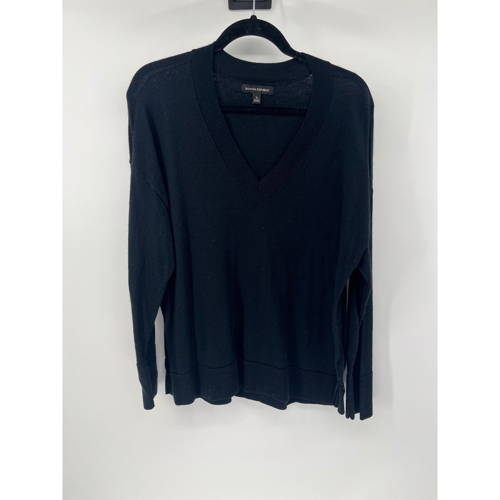 Banana Republic‎ Merino Wool Men's XL Black V-Neck Pullover Sweater Long Sleeve